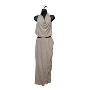 Gold Shimmer Halter Cowl Neck Crop Top & Maxi Skirt 2 Piece Set